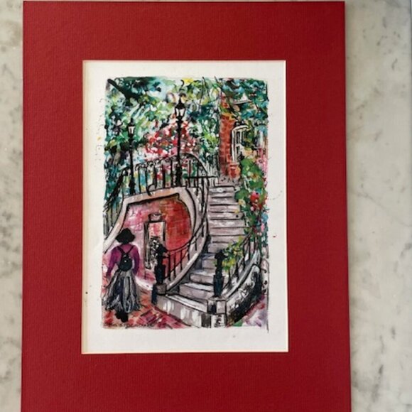 ANN STOCKDALE Watercolor Home Steps Pedestrian in DC Matted Framed Print 1994 - Picture 1 of 16